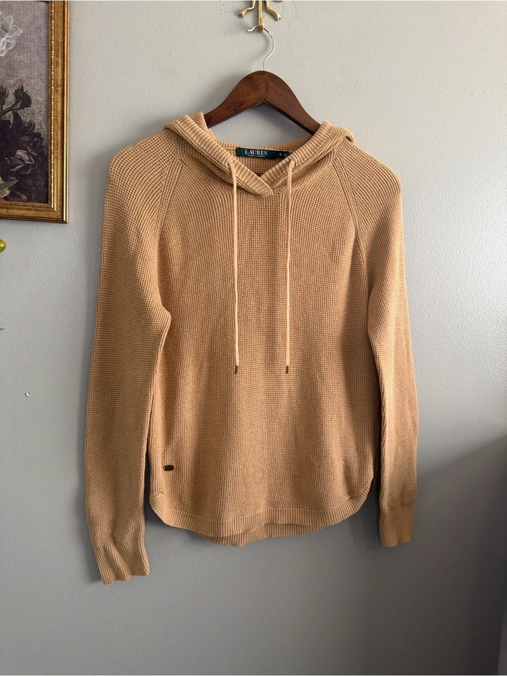 Lauren Ralph Lauren Hooded Waffle Knit Sweater Hoodie Tan 100% Cotton Medium